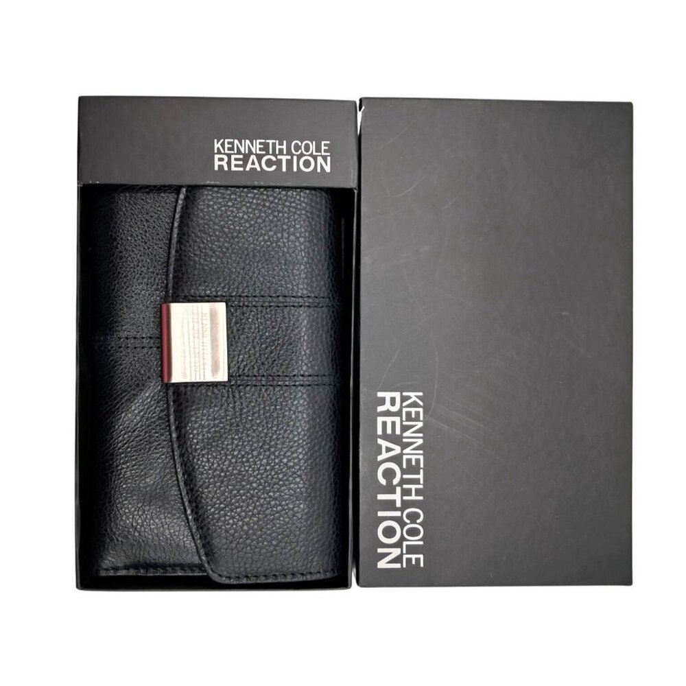 Kenneth Cole Reaction Wallet Black Pebbled Leather Tri Fold In Box